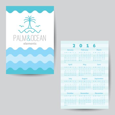 Calendar 2016 template for travel agency. Palm, seagulls, island and waves, single line designのイラスト素材