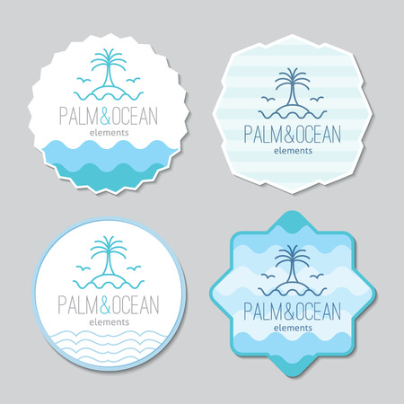 stickers templates set for travel agency. Palm, seagulls, island and waves, single line designのイラスト素材