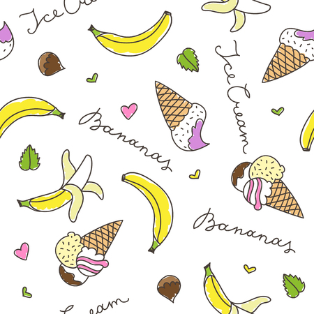 cartoon bananas and ice cream cones, vector seamless patternのイラスト素材