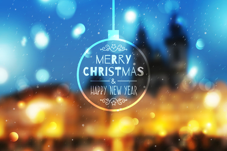 merry christmas and happy new year, vector blurred background of night town prague view and snowfallのイラスト素材