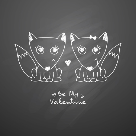 vector hand drawn foxes couple, greeting card for valentines dayのイラスト素材