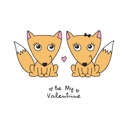 vector hand drawn foxes couple, greeting card for valentines dayのイラスト素材