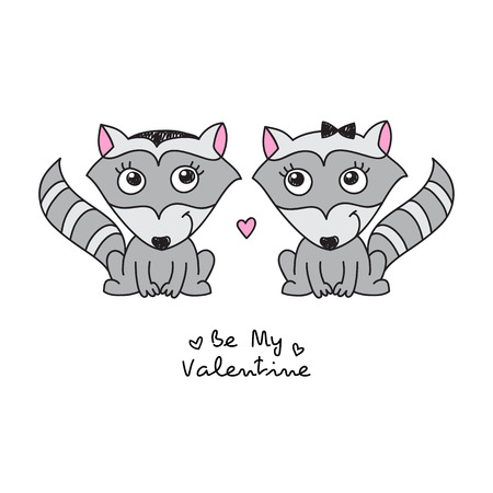 vector hand drawn raccoons couple, greeting card for valentines dayのイラスト素材