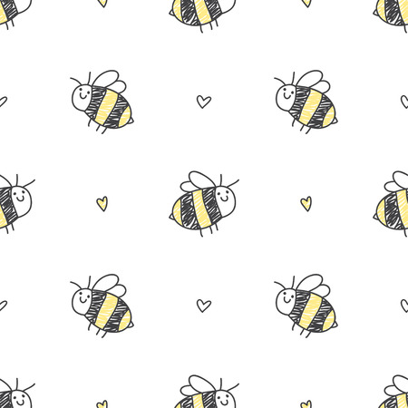 cute hand drawn seamless pattern of bees and heartsのイラスト素材