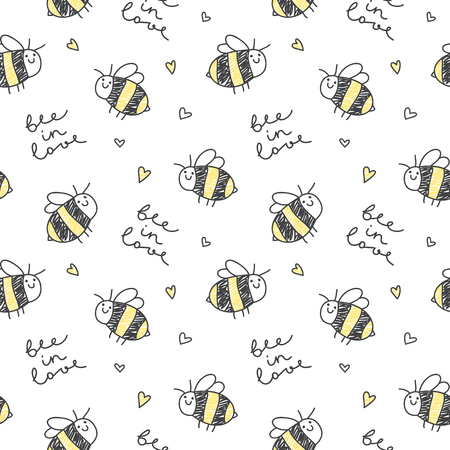 cute hand drawn bees and lettering, bee in love, seamless patternのイラスト素材