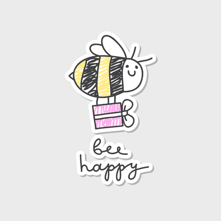 vector bee with gift box, greeting card templateのイラスト素材