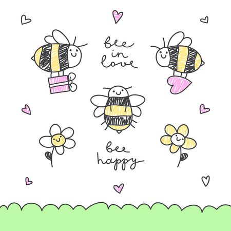 cute hand drawn vector bees, flowers and letterings setのイラスト素材