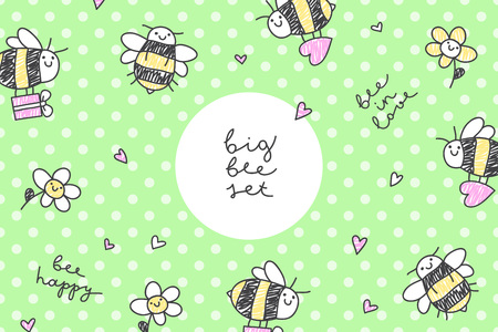 vector frame with bees and flowers, template for designのイラスト素材