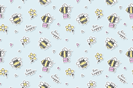 bee happy, vector seamless pattern of bees, gift boxes and flowersのイラスト素材