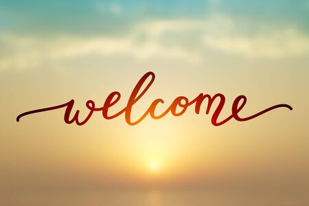welcome lettering, handwritten text on blurred seascapeのイラスト素材