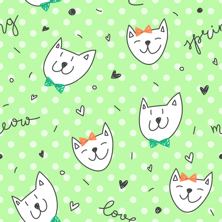 hand drawn spring cats pattern, cute vector seamless textureのイラスト素材
