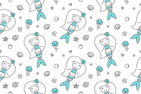 vector seamless pattern of cartoon mermaid, shell, starfish, jellyfish and bubbleのイラスト素材