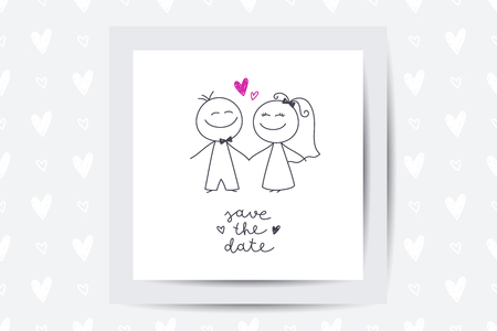 Hand drawn illustration of cute wedding couple, bride and groom, and lettering Save the Dateのイラスト素材
