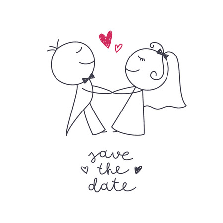 Hand drawn illustration of cute wedding couple, bride and groom, and lettering Save the Dateのイラスト素材