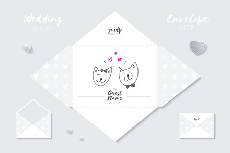 wedding vector envelope template of cute cartoon bride and groomのイラスト素材