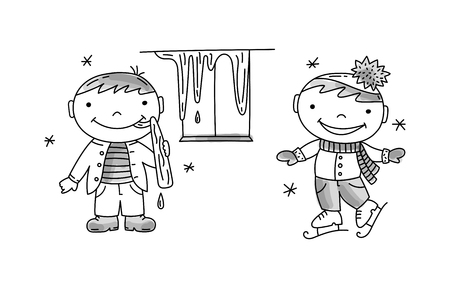 Boy lick the icicle, boy skating. Bad and good children behavior, hand drawn vector illustration.のイラスト素材
