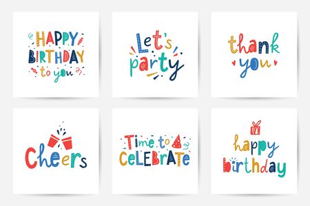 happy birthday, vector set of greeting cards with bright colorful lettering in scandinavian styleのイラスト素材