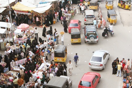 Hyderabad,AP,India-April 21, 2011-indian street market as viewed from the 400 year old Charminar, a manument and icon of the cityのeditorial素材