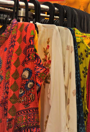 Close-up of indian woman fashion salwar kameez kurta in shop display