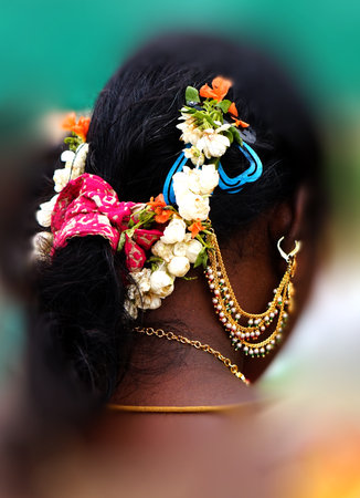 Close-up view of an indian woman hair style or decorationの写真素材