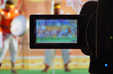 Close-up view of LCD Display of a Digital video recorder camera shooting an Indian tribal people eventの写真素材