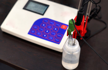 Close-up stock photo of PH value of a solution measurement equipment in a clinical or scientific...