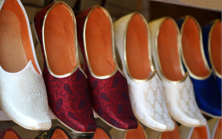 Close-up view of Indian man footwear in retail display of shopの写真素材