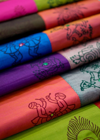 Close-up view of indian woman fashion dress sarees in retail shop displayの写真素材