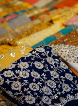 Close-up view of indian woman fashion wear kurtis or salwar kameez in shop displayの写真素材