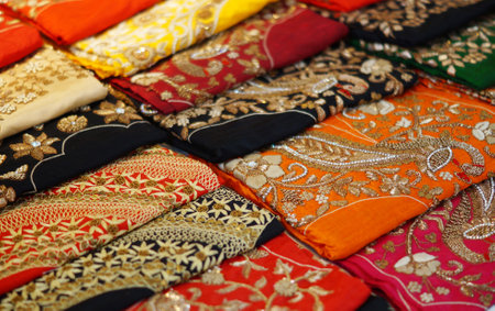 Close-up view of Indian woman wear embroidered salwar kameez in shop display