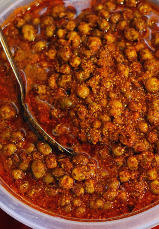 Close-up view of Indian street food traditionmal Green peas pickleの写真素材