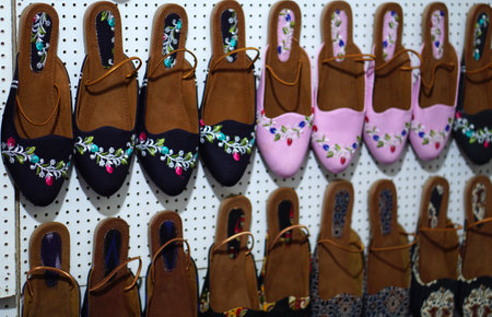 Close-up view Indian woman foot wear in shop display, in the marketの写真素材