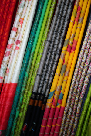 Indian woman fashion wear sarees or saris shop displayの写真素材