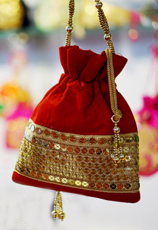 Close-up view of Indian woman hand made craft hand bag shop displayの写真素材