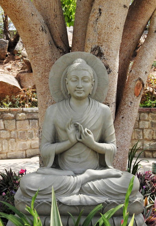 Close-up view of stone carving of God Buddha in meditating pose under the tree,in an Indian monastryの写真素材