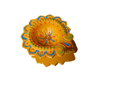 Close-up view of Indian traditional hand crafted mud oil lamp used in home decoration during Hindu diwali or deepavali festivalの写真素材