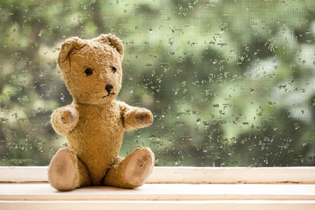 Cute old vintage toy bear sitting in the windowの写真素材