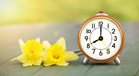 Good morning concept - web banner of yellow flowers and orange alarm clock