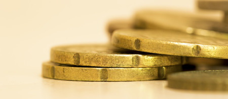 Early retirement, savings concept -  gold money coins, web banner with blank, copy spaceの写真素材