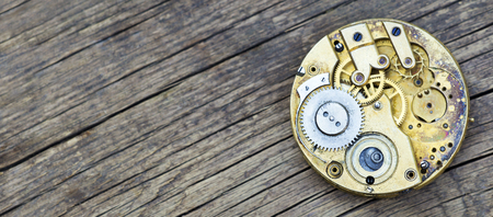 Vintage business pocket watch web banner, clock time mechanism, metal gears with copy space