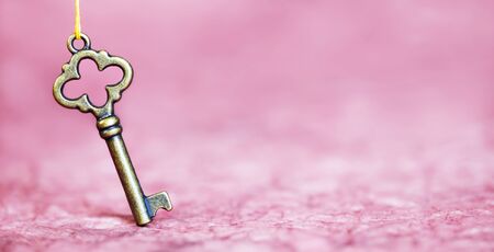 Life coaching concept. Motivation, success, mentor gold key on a pink background, web bannerの写真素材
