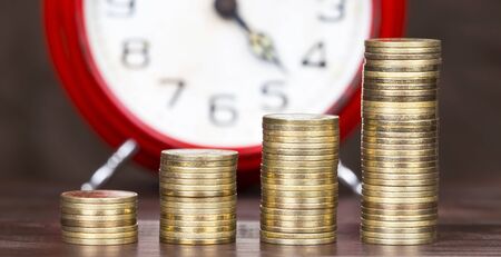 Coronavirus financial stimulus, aid package symbol, help concept. Gold money coins and alarm clock...
