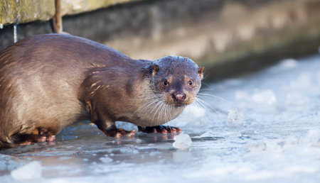 Hungry otter standing on an icy lake and looking in winter. Funny animal concept.の写真素材