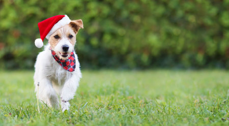 Happy cute smiling christmas santa pet dog puppy running in the grass. Holiday card background, web banner with copy space.の写真素材