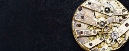Web banner of vintage business golden clockwork mechanism with gears, time management conceptの写真素材