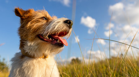 Banner of a happy panting dog in summer in the meadow grass on sky background. Hiking, walking with...