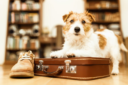 Cute dog puppy waiting on a retro suitcase with a shoe. Pet travel, vacation or holiday concept.の写真素材