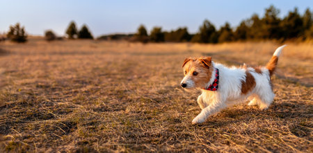 Healthy dog walking in the sunset meadow. Puppy training, travel or hiking banner. Pet in the nature.の写真素材