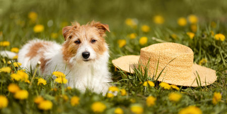 Happy healthy dog in a dandelion flower herb field with straw hat in summer. Pet in the nature...