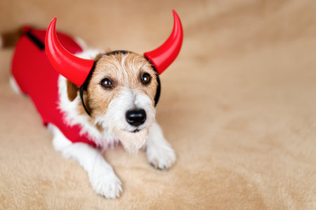 Funny happy halloween party dog in devil costume. Holiday background, banner with copy space.の写真素材